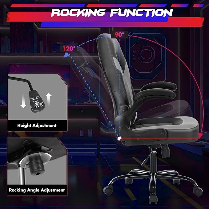 Sweetcrispy Computer Gaming Desk Chair - Ergonomic PU Leather with Comfy Lumbar Support, Height Adjustable Rolling Desk with Flip-up Armrests, for Home and Office - Image 4