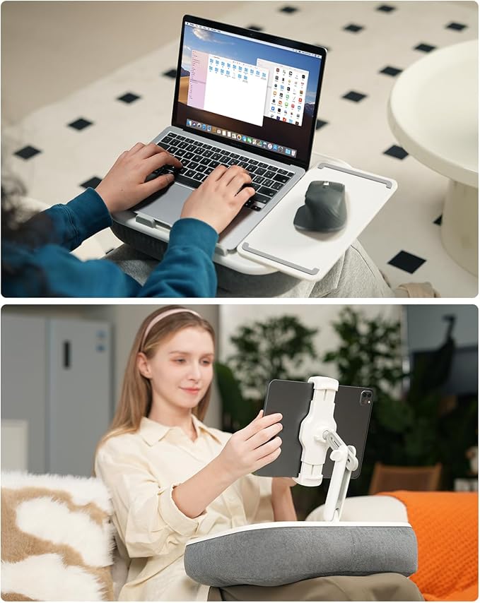 Viozon Kindle Pillow Stand Holder, Phone Holder for Bed, Laptop Lap Desk with Mouse Pad,Compatible with 4.7-13" Kindle/Tablet/Phone,10-15" Laptop, Snack Bowl&Cup Attachment&Detachable 360°Stand Arm - Image 3
