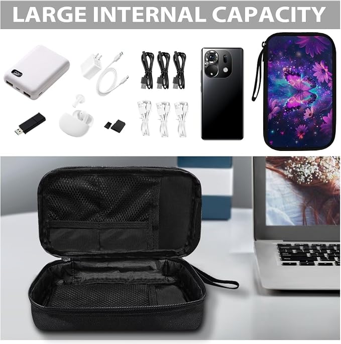 Purple Floral Butterfly Print Electronic Organizer Travel Universal Accessories Storage Bag Portable for Hard Drives, Cables, Memory Sticks, Charger, Phone, USB, SD Cards - Image 7