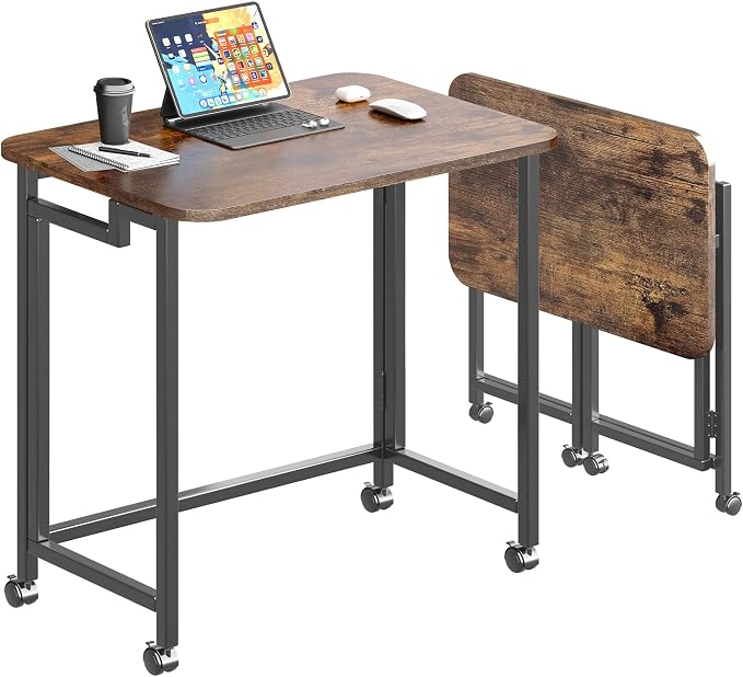 JSB Folding Desk for Small Spaces,Mobile Portable Rolling Laptop PC Table on Wheels,Foldable Computer Desk for Home Office,Bedroom,Dorm,Space Saving (Rustic & Brown, 27.6") by HomeFurniture