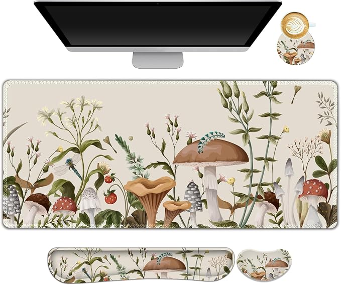 AIMSA Large Gaming Mouse Pad Set, Keyboard Wrist Rest Support+ Extended Mousepad+ Mouse Wrist Cushion+Coaster, Ergonomic Multifunctional Desk Mat 35x15.7in, Mushroom Plant Garden by AIMSA