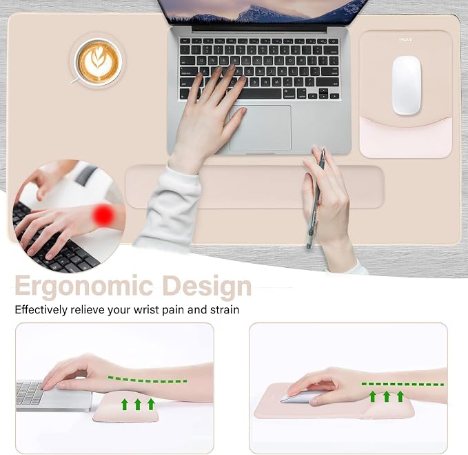 MOSISO Keyboard Mouse Pad Set, Large Gaming Mouse Pad&Keyboard Wrist Rest | Rectangular Mousepad with Wrist Rest&Coaster, Ergonomic Non-Slip&Easy Typing Pad with Curved Silicone Lining, Apricot - Image 3