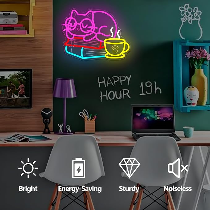 Cat Reading Neon Sign Kawaii Kitten with Glasses On Books with Coffee Neon Lights Dimmable Light Up Sign for Classroom Library Reading Corner Led Wall Art - Image 2