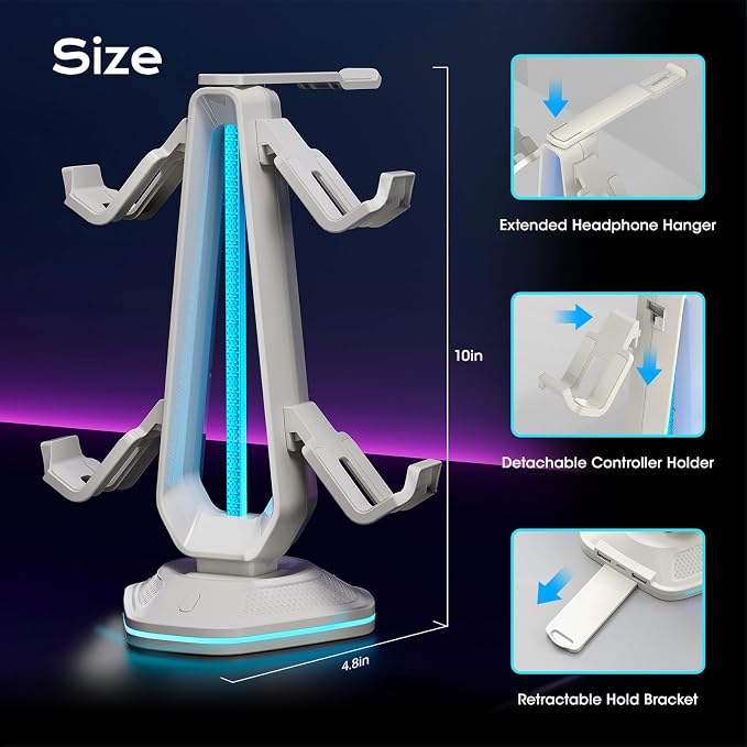Saitake RGB Controller Stand with 9 Light Modes,Controller Holder with 2 USB Ports,Headset Stand for Desk-Headphone Holder Suitable for All Headphones and Controller (White) - Image 2