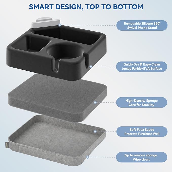 Couch Cup Holder Tray Couch Cup Holder Pillow Soft Sofa Caddy Drink Holder with 3 Compartments &Removable 360°Swivel Phone Stand, Portable Bed Snack Caddy Pillow with Handle for Tablet Controller Grey - Image 3