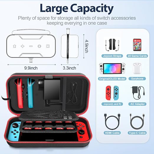 Switch Carrying Case Compatible with Nintendo & OLED, Portable Switch Travel Carry Case Fit for Joy-Con and Adapter, Hard Shell Protective OLED Pouch Bag with 20 Games, Red For N DS Cases & Storage - Image 4