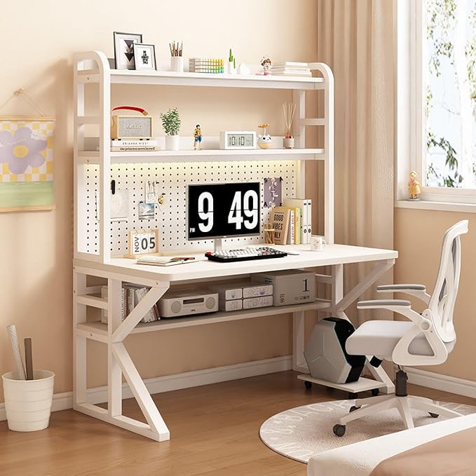 Gaming Desk with Pegboard, Industrial Gaming Desk PC Desk with Storage Shelves, Large Study Writing Workstation Table for Home Office(100x60x171cm, Black) by Unknown