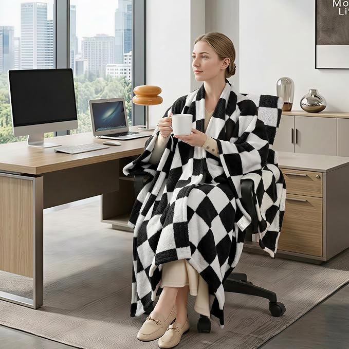 The Chair Blanket for Office,3-in-1(Chair Blanket/Seat Cushion/Pillow) Stay-in-Place Office Blankets for Women Work,Warm Smooth Velvet & Shed-Free,Size M-Black - Image 2