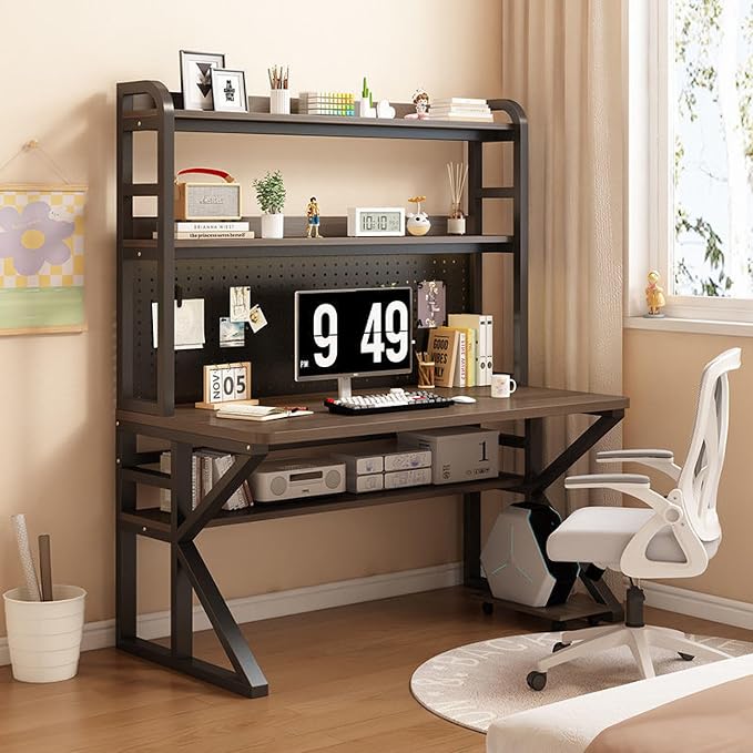 Multi-Functional Gaming Desk with Pegboard, Large Computer Desk with Storage Shelves Home Office Desk Study Writing Workstation(80x60x171cm, Oak) by Unknown