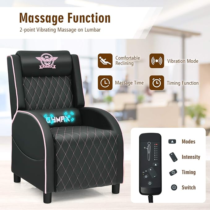 GYMAX Massage Gaming Recliner Chair, Ergonomic Racing Style Single Sofa with Adjustable Headrest, Backrest & Footrest, Home Theater Sofa for Living Room Office (Pink) - Image 5