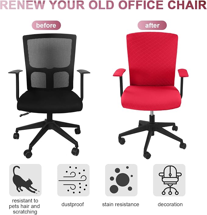 Tallew 4 Pcs Office Chair Covers Set Computer Universal Protective Stretchable Chair Seat Covers Desk Armrest Slipcovers Pads Office Cushion Backrest for Rotating(Red) - Image 3