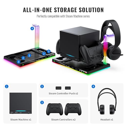 JDDWIN Charging Dock Stand with Cooling Fan for Steam Machine/Steam Controller 2026 Storage Stand for Steam Controllers Puck & Headset with RGB Light - Image 2