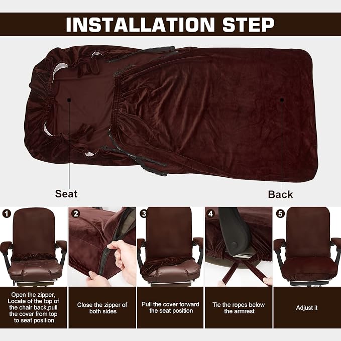 NeColorLife Velvet Office Chair Cover with Armrest Covers, Large, Brown | Soft stretch velvet fabric, fits large high-back office and executive chairs, includes 2 armrest covers, washable and elastic - Image 6
