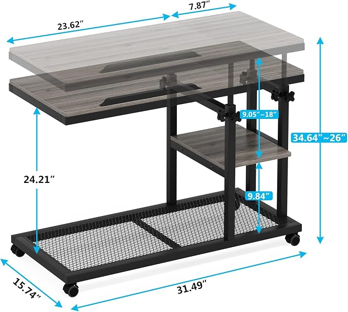 Tribesigns Height Adjustable C Table with Wheels, Mobile Couch Snack Side Table with Tiltable Drawing Board, Sofa Bedside Laptop Stand C Shaped TV Tray with Storage Shelves (Grey) - Image 2