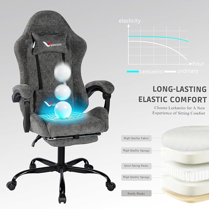 Fabric Gaming Chair for Adults, Ergonomic Computer Office Desk Chair with Footrest,Pocket Spring Cushion, Reclining High Back Silla Gamer for Home Office, Grey - Image 5