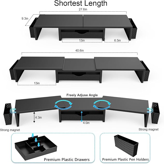 gianotter Dual Monitor Stand Riser With Drawer and 2 Pen Holders | Desk Organizer and Accessories Computer Monitor Stand, Desk Shelf for Top of Desk (Black) - Image 6
