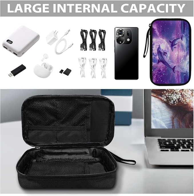 Purple Moonlight Dolphin Print Storage Pouch - Earphone, Cable Organizer, Power Bank & Data Cables Storage, Headset Organizing Multipurpose Bags - Image 7