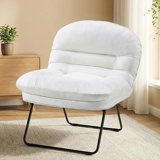 DUMOS Comfy Saucer Chair, PU Leather Foldable Chairs for Bedroom, Dorm & Gaming, Fashion Folding Floor Chair with Back Support for Small Spaces, New White by DumosLifestyle