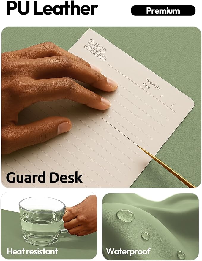 YSAGi Leather Desk Protector, Office Mat, Large Mouse Mat, Non-Slip PU Leather Blotter, Laptop Pad, Waterproof Writing Pad for Office and Home (Bamboo Green, 47" x 17") - Image 3
