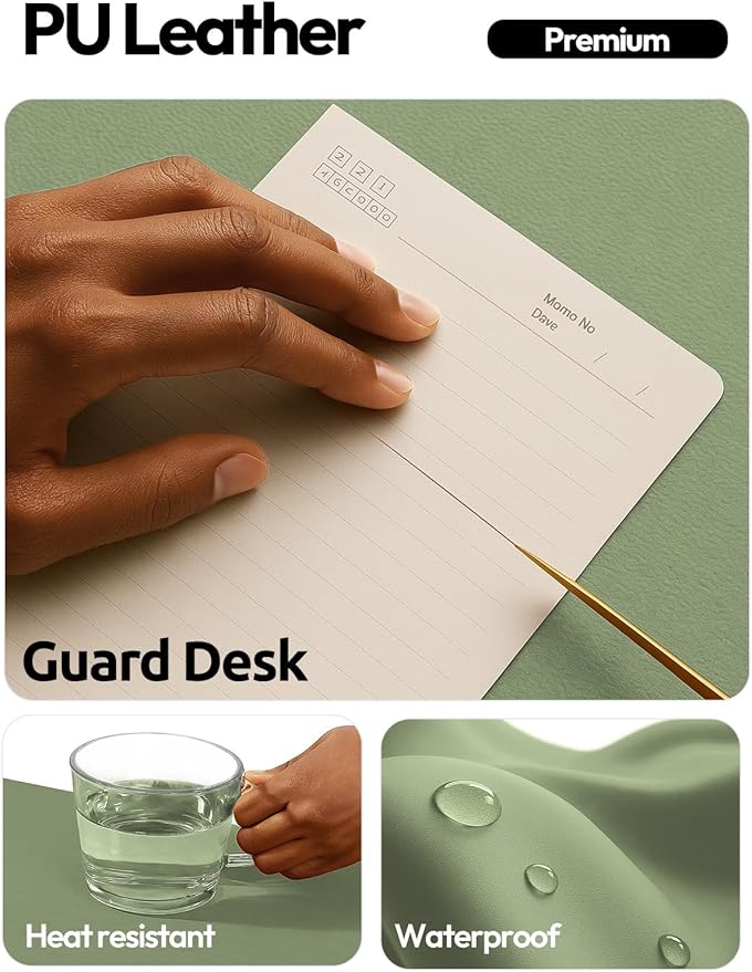 YSAGi Leather Desk Protector, Office Mat, Large Mouse Mat, Non-Slip PU Leather Blotter, Laptop Desk Pad, Waterproof Writing Pad for Office and Home (Bamboo Green, 47.2" x 23.6") - Image 3