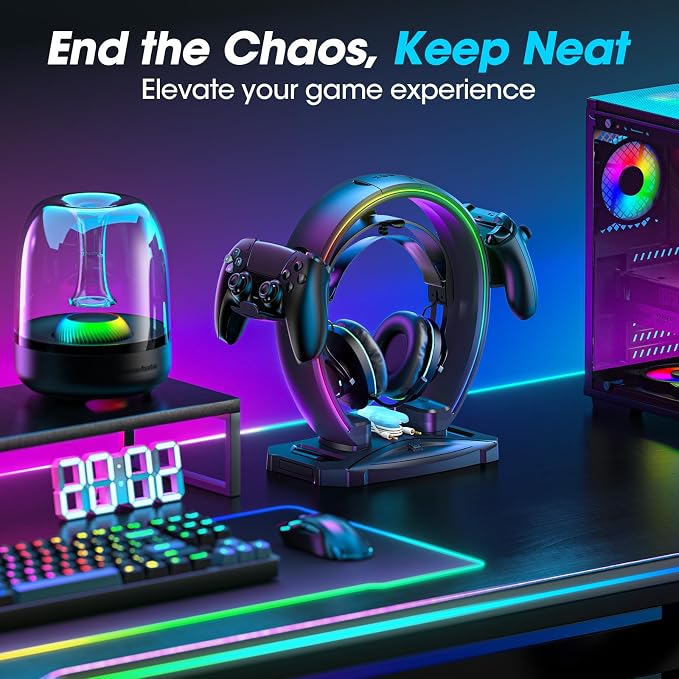 KDD RGB Headphone & Controller Stand with 9 Light Modes - Foldable Controller Hanger for Desk - Earphone Stand with Cable Organizer - for Gamers Desktop Accessories - Image 7