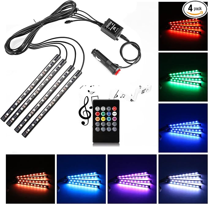 Car LED Strip Light,Uniwit 4 Pieces DC 12V Multicolor Car Interior Music Light LED Underdash Lighting Kit with Sound Active Function and Wireless Remote Control Including Car Charger by Uniwit