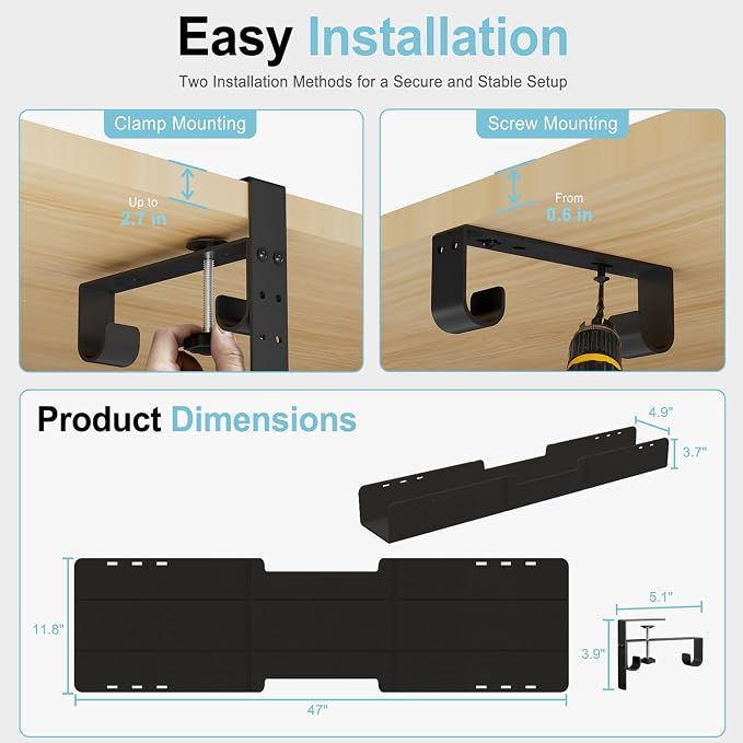 No-Drill Under Standing Desk Cable Management,47.2" L,Black - Image 4