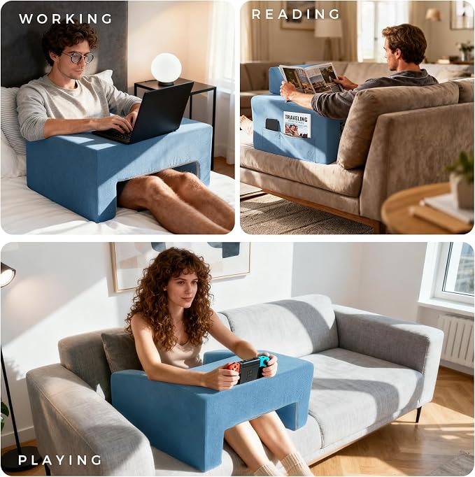 Reading Pillow for Gaming Lap Desk Pillow for Laptop with Pocket Foldable Memory Foam Bed Desk for Reading Working Crocheting Gaming Arm Rest on Bed/Sofa/Floor/Couch/Car (Blue Foldable) - Image 4