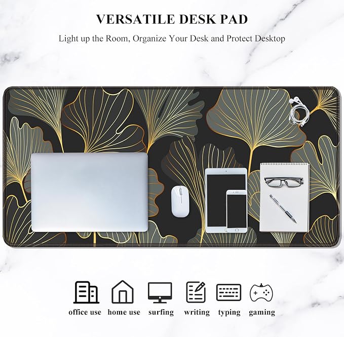 Auhoahsil Extended Mouse Pad, XXL Gaming Mouse Pads, Large Big Mousepad Laptop Computer Keyboard Mat Desk Pad with Non-Slip Base Stitched Edge for Gaming Office, 35.5 x 15.7 inch, Gold Line Leaves - Image 7