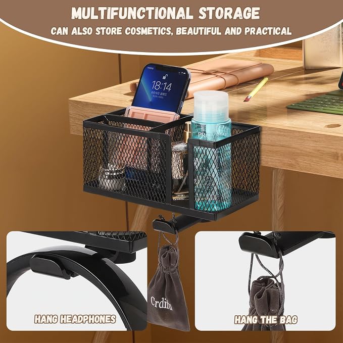 Multi-Function Desk Cup Holder with Headphone Hanger, 3 in 1 Caddy Organizer for Salon Chair, Bedside, Desk or Table - Sturdy Anti-Spill Drink Holder for Water Bottles, Coffee, Bag (Black) - Image 3