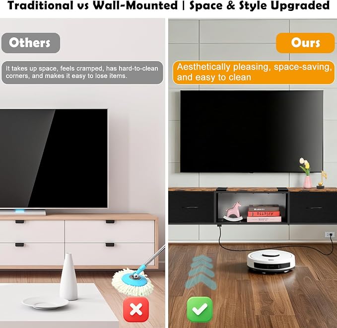 Floating TV Stand with Power Outlet, Wall Mounted Entertainment Center with Drawers, Rustic Brown Industrial Media Console Shelf for Living Room, Bedroom（Brown） - Image 4