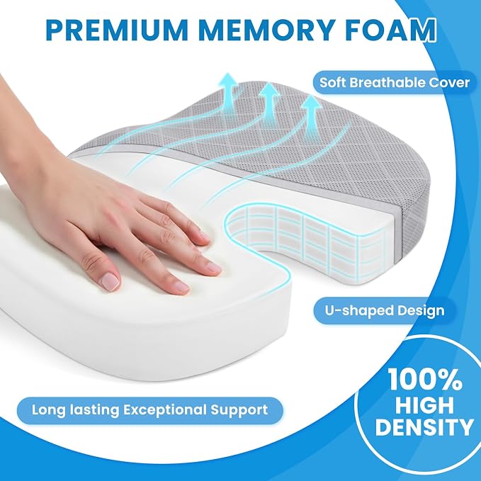 TushGuard Memory Foam Office Chair Seat Cushion - Light Grey, Large | for Car Seat, Airplane, Desk Chair - Sciatica & Hip & Coccyx Pain Relief Cushion for Long Sitting Office Workers, Car Drivers - Image 3