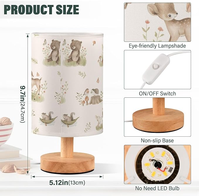 Bedside Table Lamp Woodland Animals Nightstand Lamp with Wood Forest Fox Deer Rabbit Bird Bear Mushroom Desk Lamps for Bedroom Living Room Nursery Office Home Decor - Image 3
