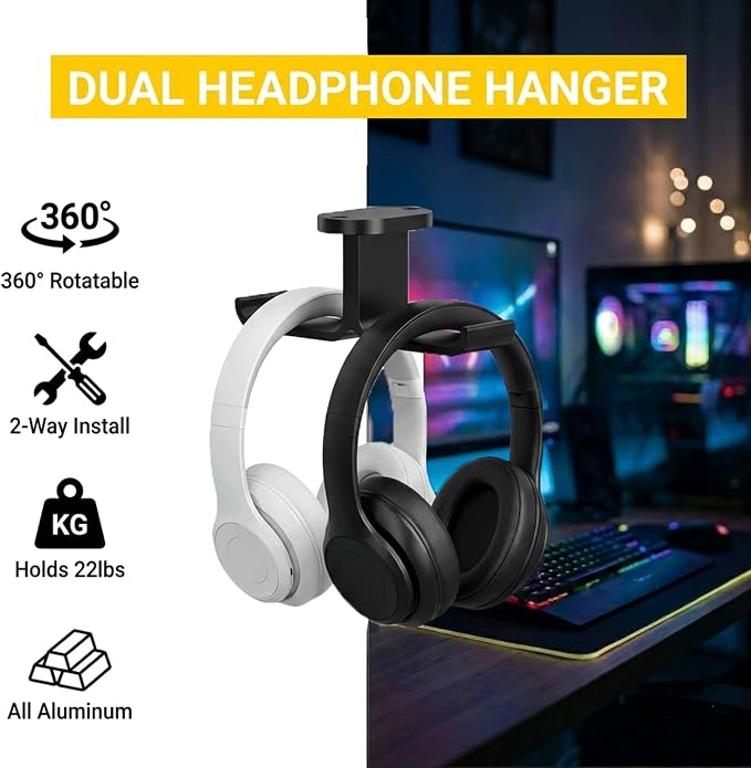 Under Desk Headphone Hanger, 360° Rotatable Dual Headset Holder with Strong Adhesive & Screws, All-Aluminum Metal Headphone Hook for Gaming Home Office – Black - Image 3