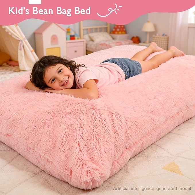 3 in 1 Kids Bean Bag Chair Bed, Kids Fluffy Stuffed Floor Pillow for Gaming and Reading, Ultra Soft Faux Fur Fabric Bean Bag Chairs to Lounger for Playroom, Living Room, Bedroom, Pink - Image 8