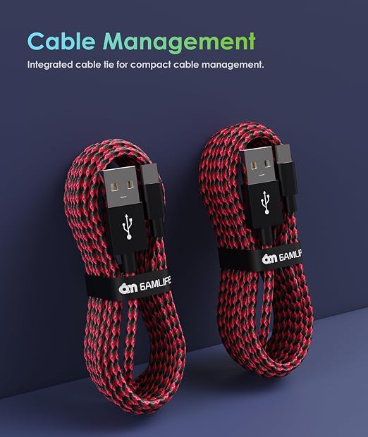 6amLifestyle PS4 Charging Cable, 10ft 2 Pack USB to Micro USB Cable, Nylon Braided Cord, for PS4 Slim/Pro, Xbox One S/X Controller, Red - Image 4