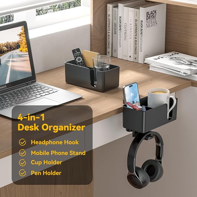 KDD 4 in 1 Desk Cup Holder - Clamp on Under Desk Headphone Hanger - Rotating Headphone Holder Detachable Pen Cup Holder Desktop Storage for Cup, Phone and Pen(Black) - Image 2