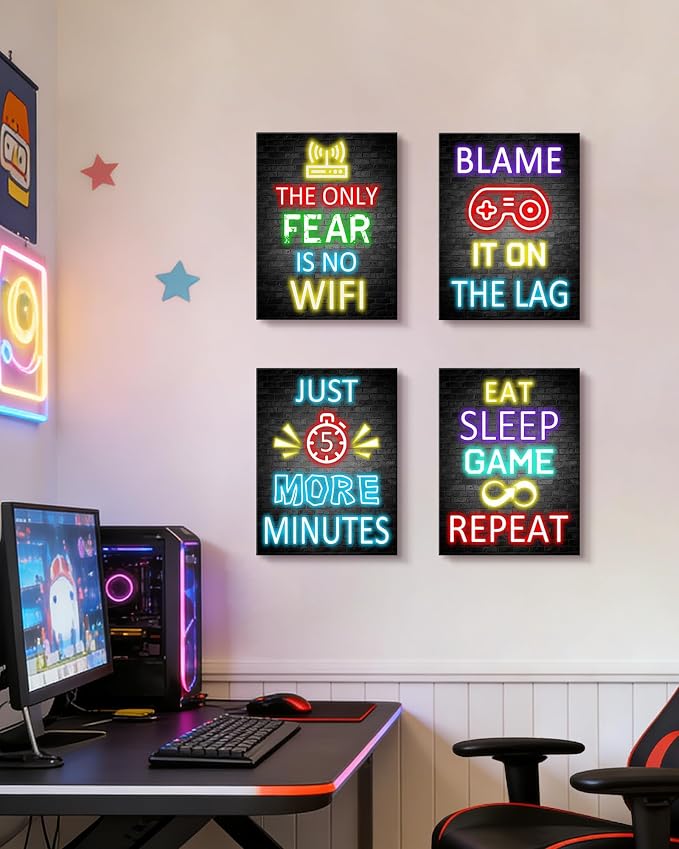 KUVIOKE Video Gamer Room Decor for Teen Boys Gaming Wall Art Gamer Neon Sign Teenage Bedroom Decor Ready to Hang Set of 4, 12x16in (Framed) - Image 5