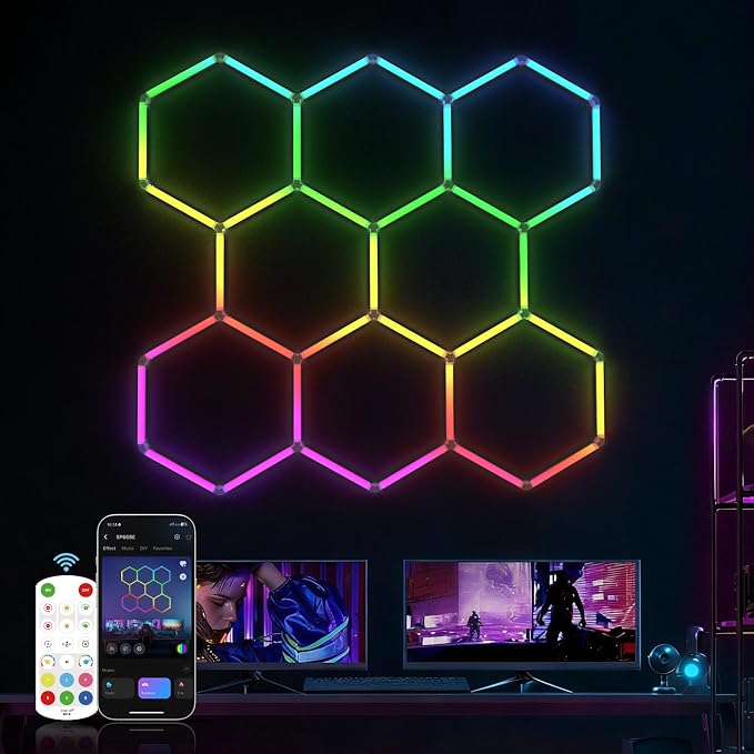 HYPERLITE Hexagon Garage Lights: Gen IV-8 Grid Hexagon LED Lights with Music Sync Mode, App & Remote Control, Multi-Color Honeycomb Light for Gaming Room, Gym, Garage by HYPERLITE