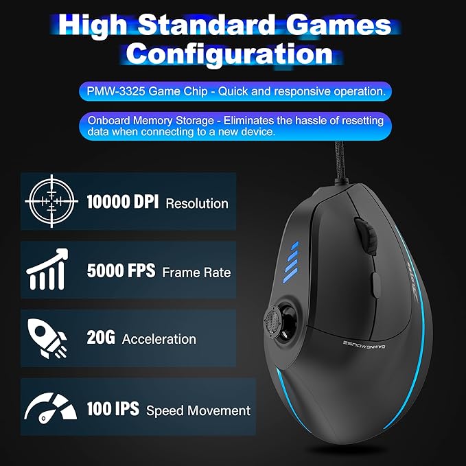 TRELC Wired Gaming Mouse with 5 D Rocker, 10000 DPI/11 Programmable Buttons, Vertical Ergonomic Mouse with On-Board Memory, Optical Computer Mice for PC/Laptop/E-Sports/Gamer - Image 6