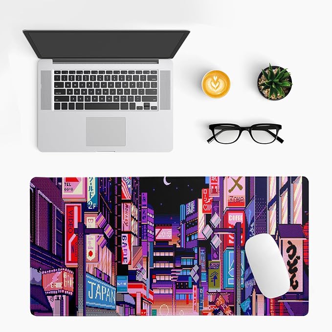 Dark Purple Japanese Gaming Mouse Pad Abstract Anime Mat 27.6x11.8 Inch Tokyo Pixel Street Texture Non-Slip Rubber Base Kawaii Mousepad Stitched Edges Keyboard Desk Pad for Office and Home Game - Image 3