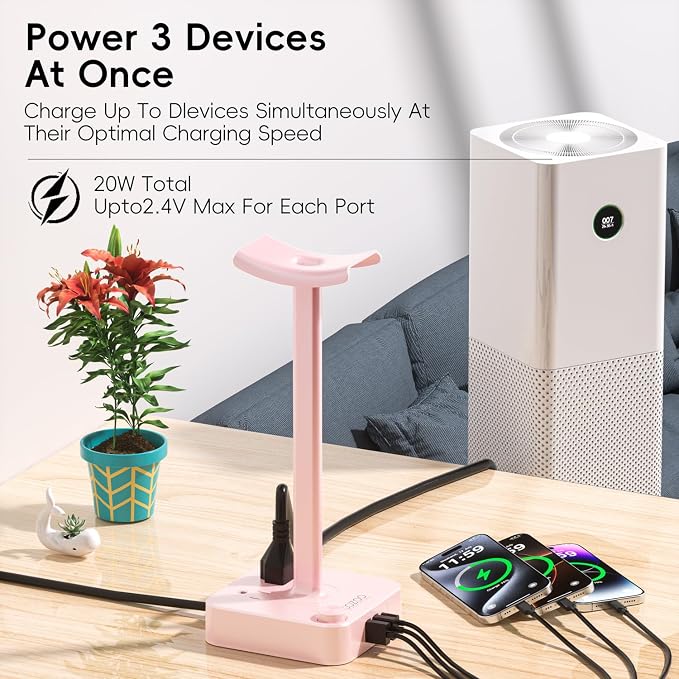 cozoo Headphone Stand with Charger, USB C, Gifts for Gamers Men, Pink | Gaming Headset Stand Holder for Desk, 3 USB(1 USB C) and 2 AC Outlets Charging Ports, Headphone Hanger, Gamer Gifts for Men - Image 6