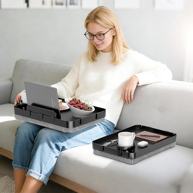 Lap Tray with Cushion Plastic Lap Desk with Cushion 15.5”Large Breakfast in Bed Tray with Removable Cushion & Cup/Phone Holder, Lap Table with Laptop Pocket for Couch TV Adults Eating Gaming Black - Image 9