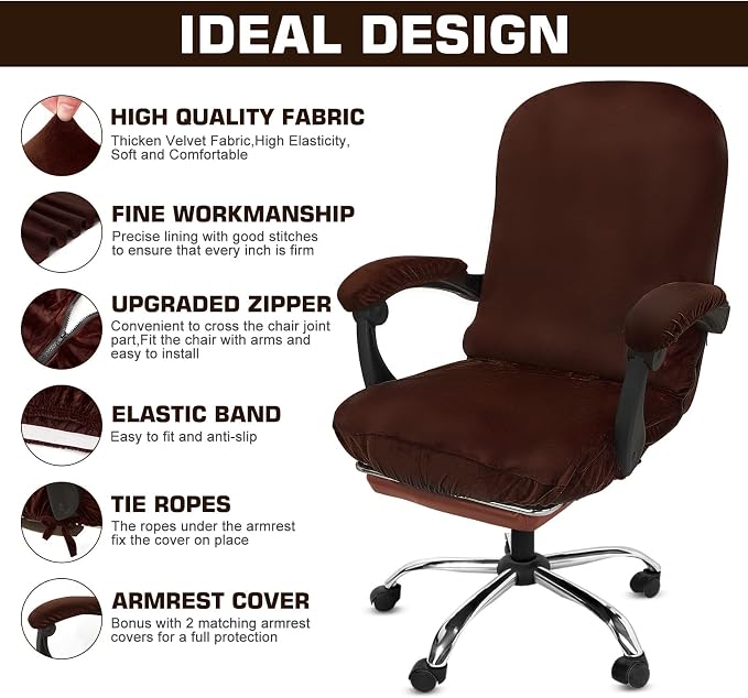 NeColorLife Velvet Office Chair Cover with Armrest Covers, Large, Brown | Soft stretch velvet fabric, fits large high-back office and executive chairs, includes 2 armrest covers, washable and elastic - Image 3