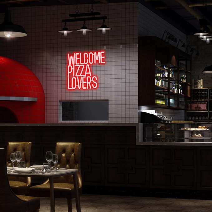 Welcome Pizza Lovers Neon Light, Red Dimmable LED Personalized Pizza Lovers Neon Sign, Family Restaurant Entertainment Room Food Theme Party Wall Neon Sign Decor Holiday Gift For Pizza Lovers, Children, Family (12.9*12.5in) - Image 5