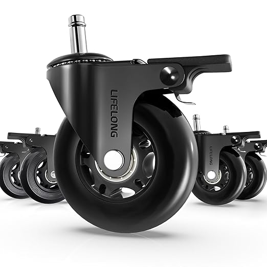 Lifelong Brake Office Chair Wheels Replacement, Heavy Duty, Black, 5-Pack | Original Rubber Caster, Desk Wheels, Smooth & Quiet, Safe for Hardwood Floors & Carpet, Replace Office Chair Mats, Fits 98% by LIFELONG