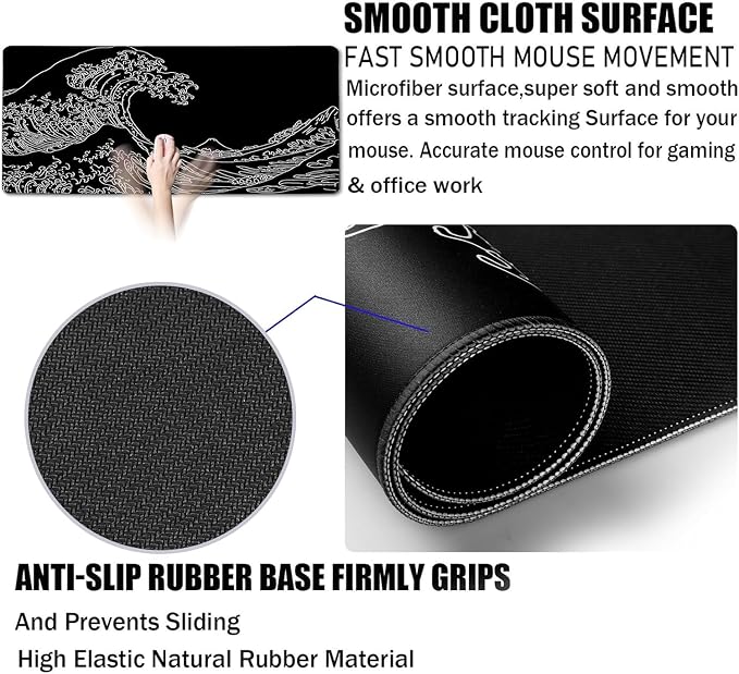 Large Gaming Mouse Pad, Waterproof Extra Large Big Mouse Pad with Stitched Edge, XXXL Non-Slip Black Computer Long Mousepad for Gamer, Office & Home, Wave Lines - Image 3