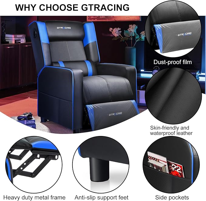 GTRACING Gaming Recliner Chair with Bluetooth Speakers Racing Style Single Gaming Sofa Modern Living Room Recliners Ergonomic Comfortable Massage Home Theater Seating, Blue - Image 6