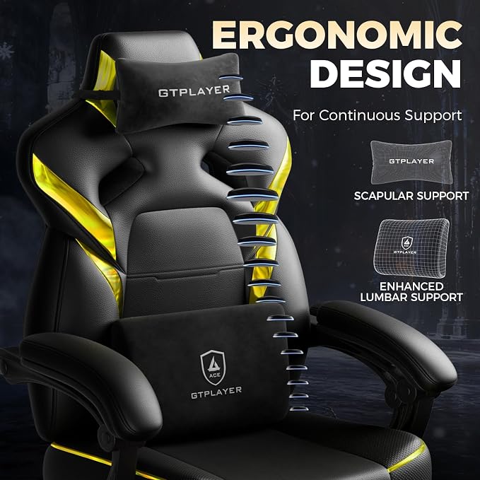 GTPLAYER Big and Tall Gaming Chair for Adults, Ergonomic Office Chair with Footrest, Heavy Duty 350 lbs Capacity, High Back, Premium Leather & Iridescent Trim, ACE-Armor, Yellow (Iridescent) - Image 7