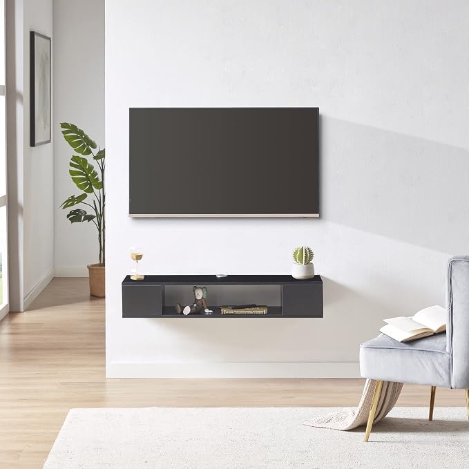 GHC Floating TV Stand, Wall Mounted Entertainment Center and Cabinet Shelf, TV Console with Storage，Media Console for DVD Player, Space-Saving Under TV Shelf for Bedroom, Living Room (Black) - Image 3